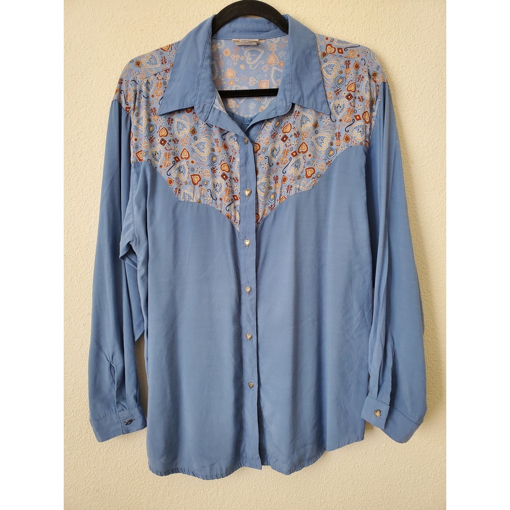 VTG Desert West by Sherry Holt Western Top‎ L Blue Cowgirl Silver Heart Buttons - Picture 10 of 10